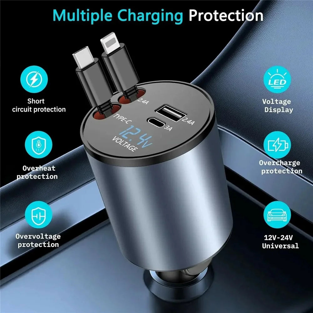 PT-19 Cigarette Lighter Car Charger 100W Fast Charging Adapter with iP / Type C Retractable Cables - 6