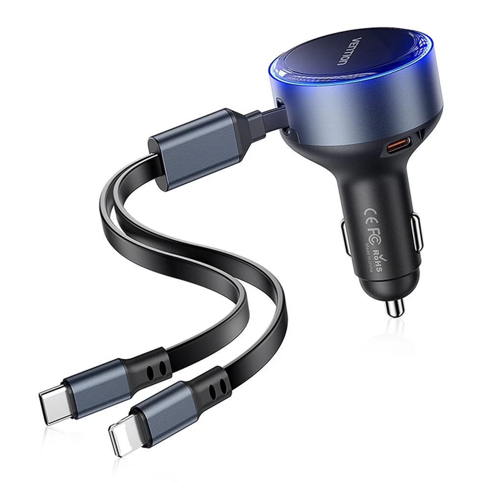 VENTION FFOB0 PD 30W Fast Charging Car Charger with Built In Type C / iP Cables for 12V-24V Vehicle - 1