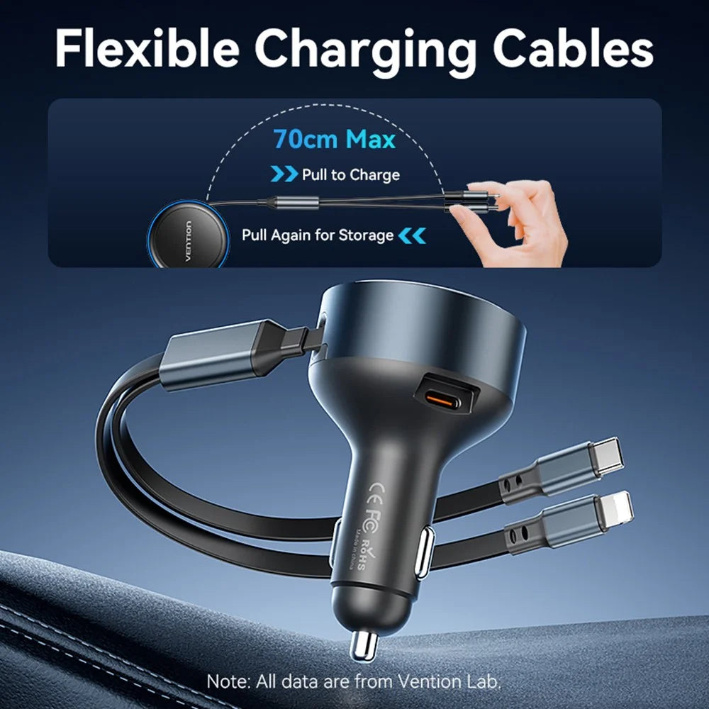 VENTION FFOB0 PD 30W Fast Charging Car Charger with Built In Type C / iP Cables for 12V-24V Vehicle - 2
