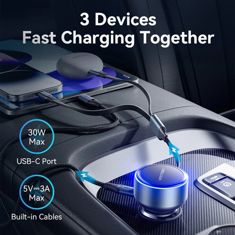 VENTION FFOB0 PD 30W Fast Charging Car Charger with Built In Type C / iP Cables for 12V-24V Vehicle - 3