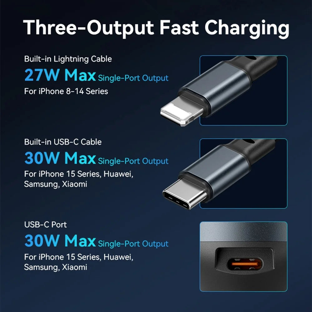 VENTION FFOB0 PD 30W Fast Charging Car Charger with Built In Type C / iP Cables for 12V-24V Vehicle - 4