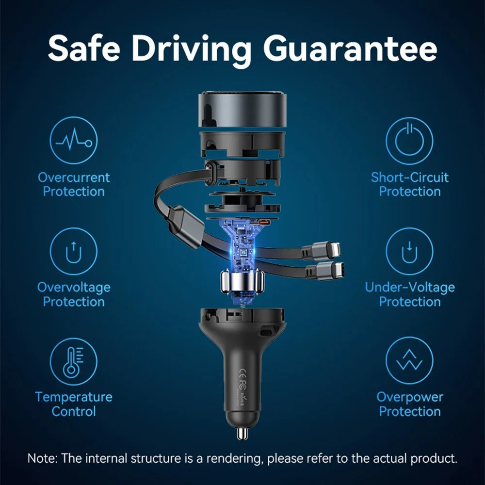 VENTION FFOB0 PD 30W Fast Charging Car Charger with Built In Type C / iP Cables for 12V-24V Vehicle - 7