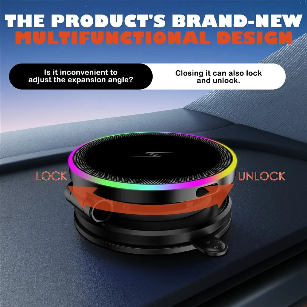 K8 15W MagSafe-Compatible Wireless Car Charger Mount 3-Fold Rotatable Magnetic Phone Holder with RGB Light Vacuum Suction Dashboard Stand - 6
