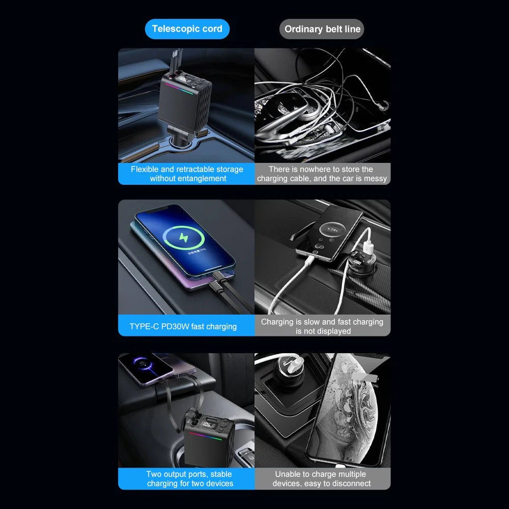 C88 USB Car Charger Cigarette Lighter Adapter with Dual Retractable Cable Bluetooth-Compatible 5.3 - 4