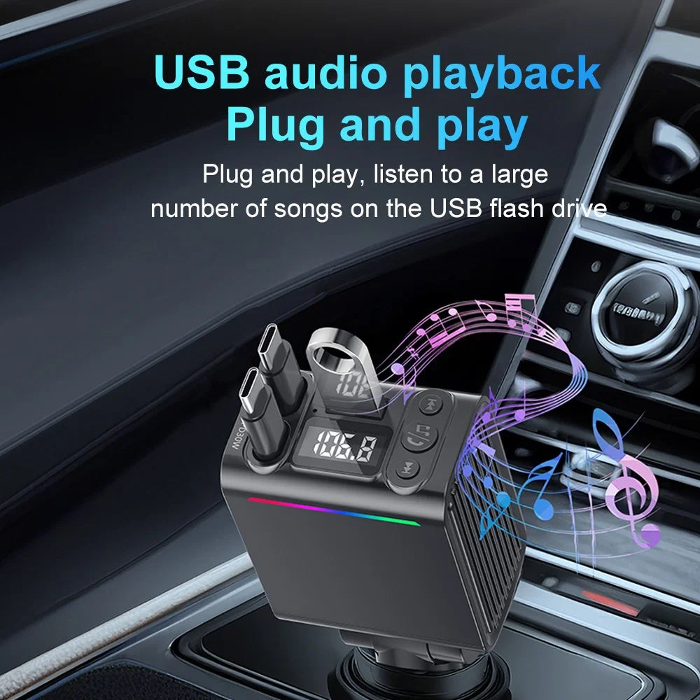 C88 USB Car Charger Cigarette Lighter Adapter with Dual Retractable Cable Bluetooth-Compatible 5.3 - 5