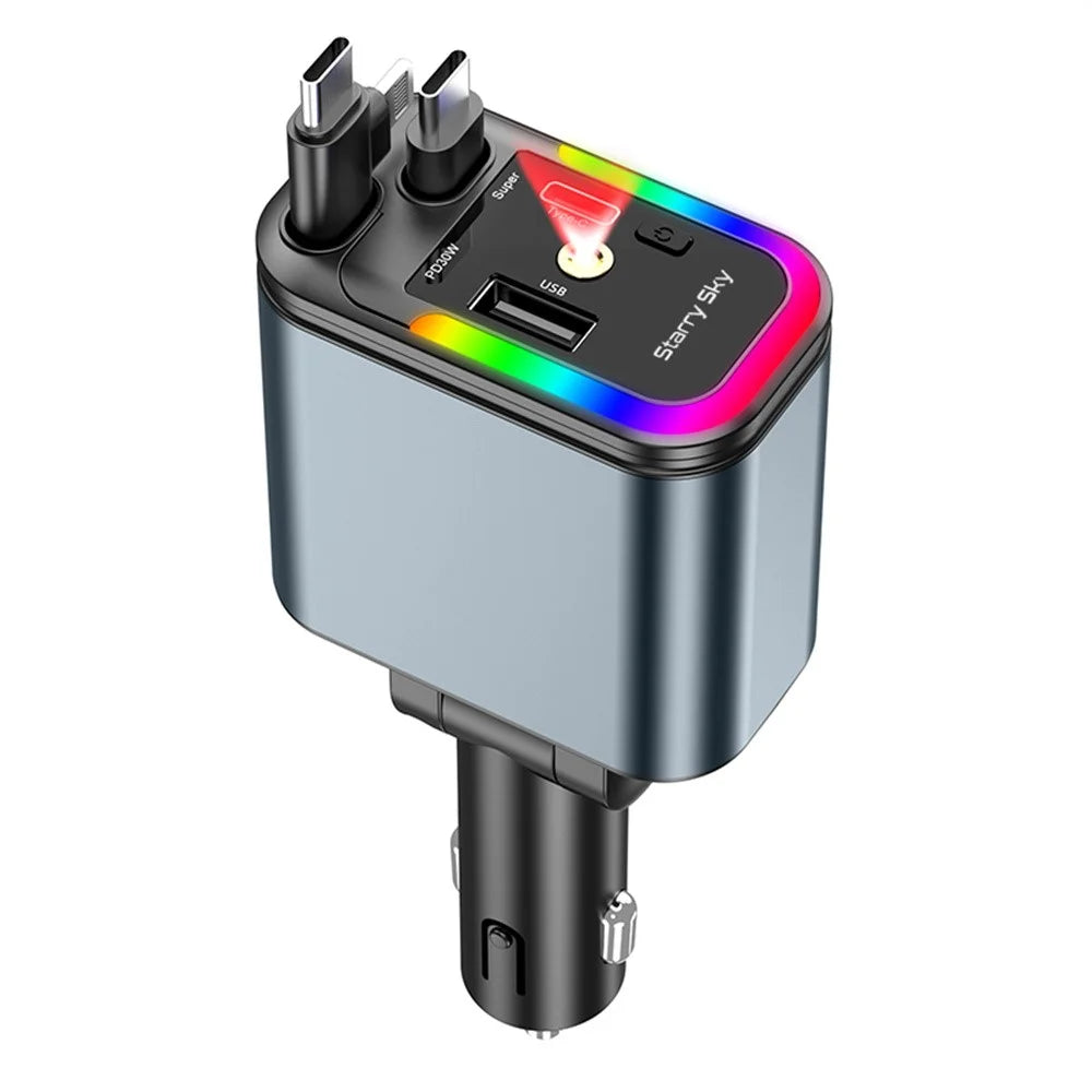 LC-039 5-in-1 Dual Retractable Cable Car Charger RGB Starry Sky Light USB-C iP (5-14) 120W Fast Charging Adapter - 1