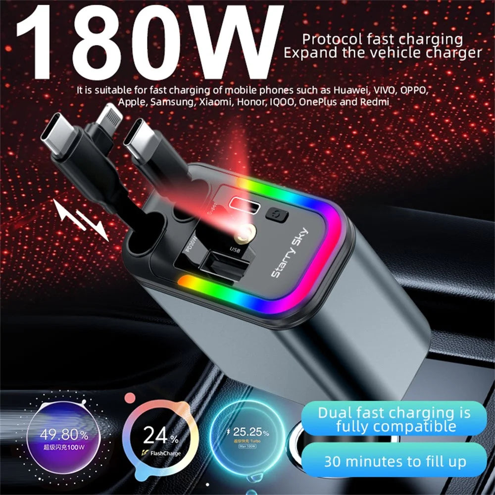 LC-039 5-in-1 Dual Retractable Cable Car Charger RGB Starry Sky Light USB-C iP (5-14) 120W Fast Charging Adapter - 3