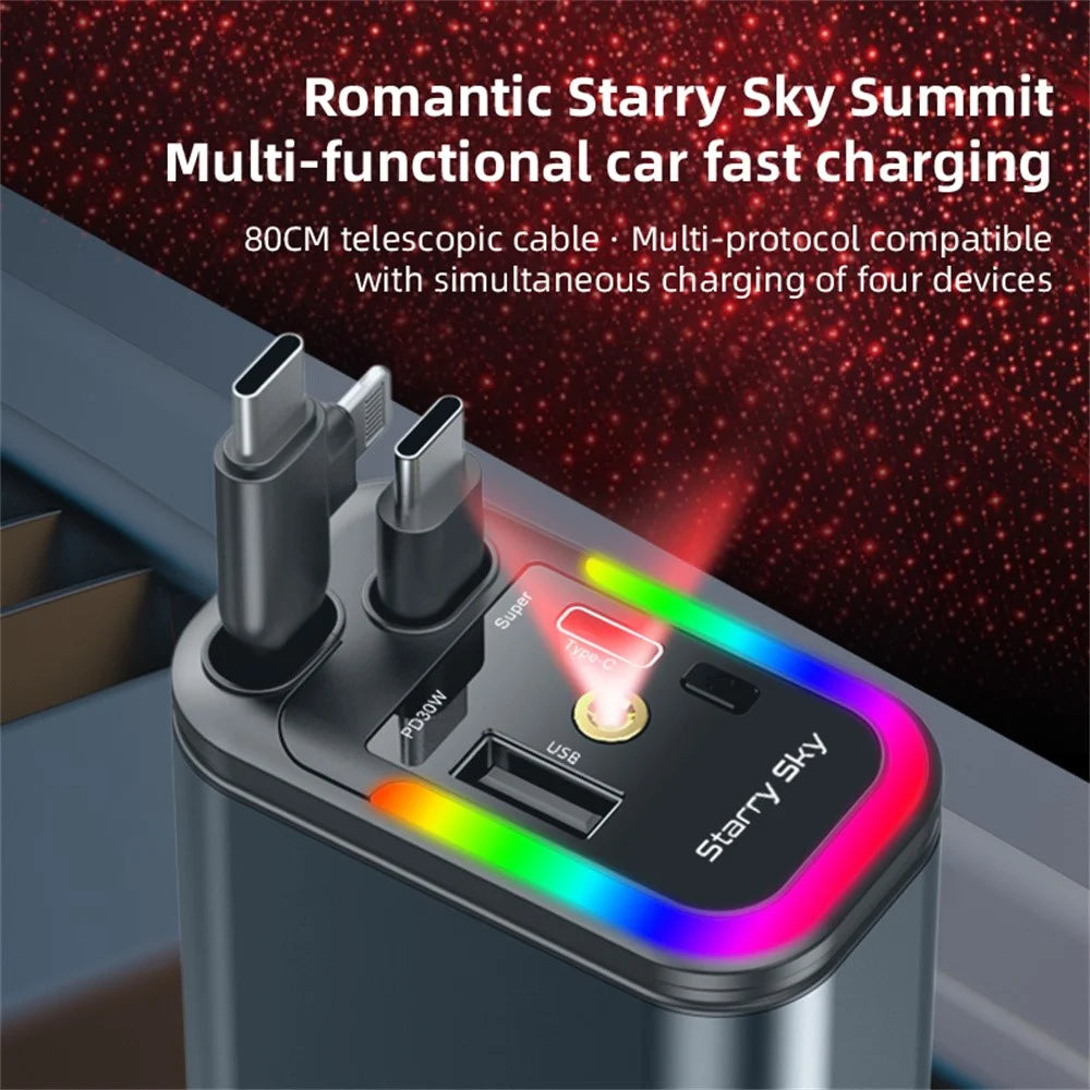 LC-039 5-in-1 Dual Retractable Cable Car Charger RGB Starry Sky Light USB-C iP (5-14) 120W Fast Charging Adapter - 5