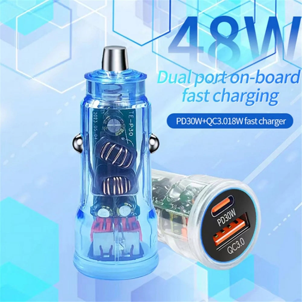 P35 Clear Design 48W Car Charger for Cell Phone, Tablet, Camera, Type-C PD 30W + USB QC 3.0 18W Fast Charging Charger Station - Blue - 3