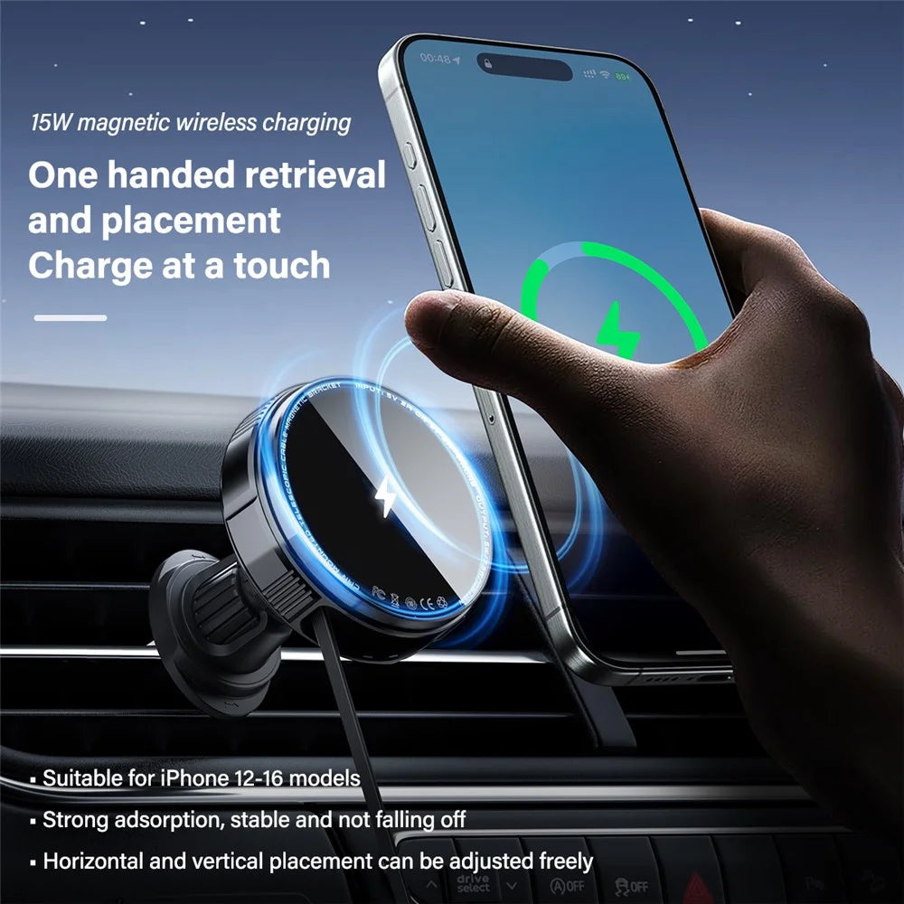 X02 15W Car Air Vent Mount Magnetic Phone Holder Wireless Charger with Retractable Type C Cable - Silver - 5