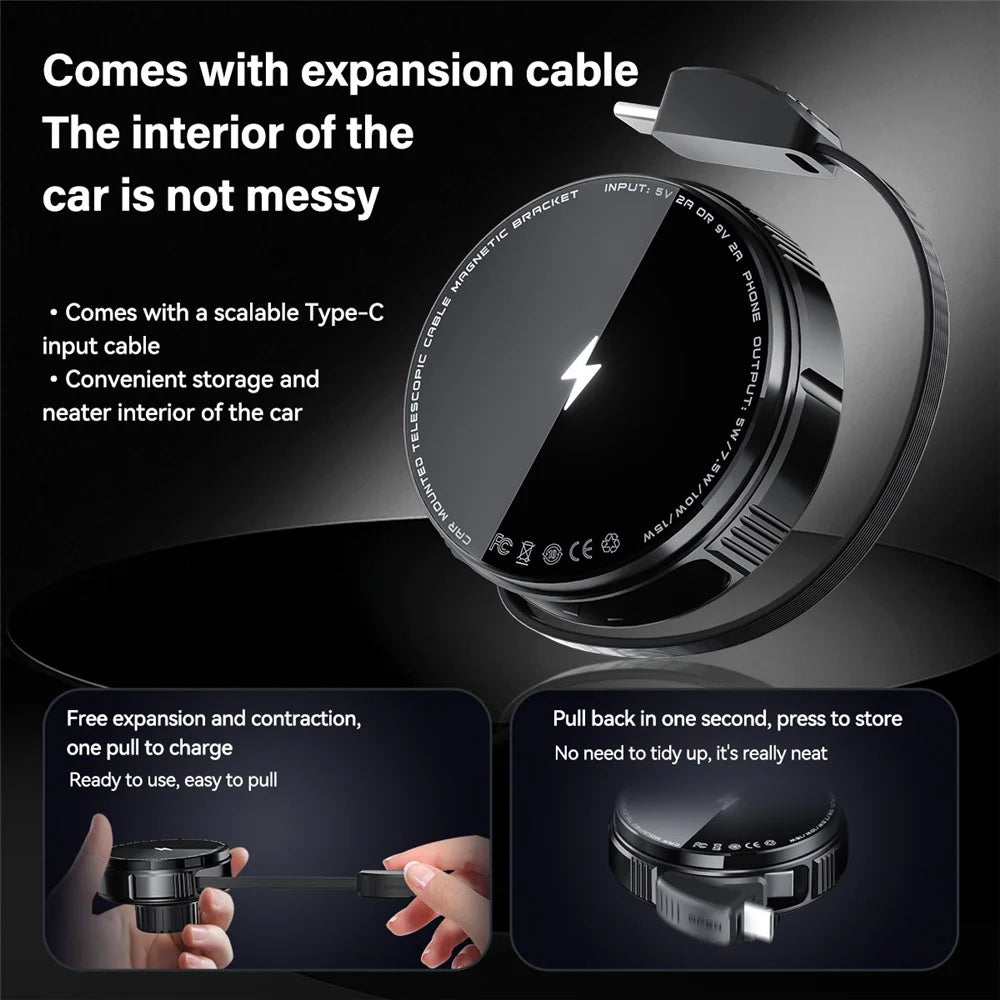 X02 15W Car Air Vent Mount Magnetic Phone Holder Wireless Charger with Retractable Type C Cable - Silver - 7