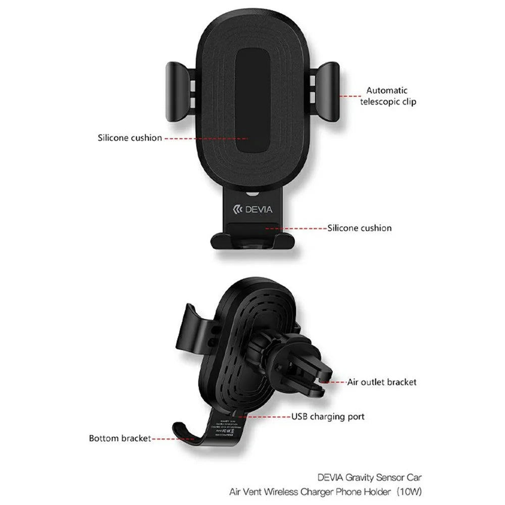 DEVIA EA194 Gravity Sensor Car Air Vent Mount Wireless Charger Phone Holder Stand - Black - 7