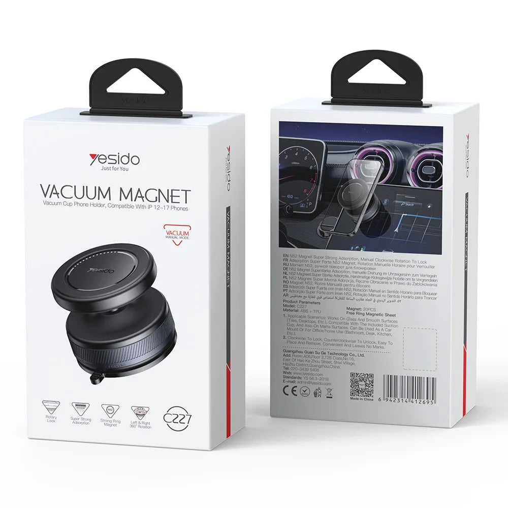 YESIDO C227 Vacuum Suction Cup Magnetic Phone Holder 360 Degree Rotation Ball Head Stand for Car Dashboard Desktop - Black - 6