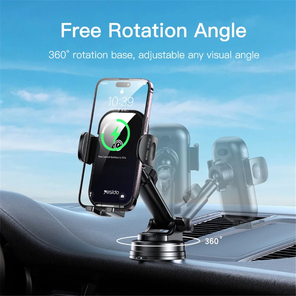 YESIDO C197 Car 15W Wireless Phone Charger Mount Clamp Phone Clip Bracket Holder with Suction Cup - 6