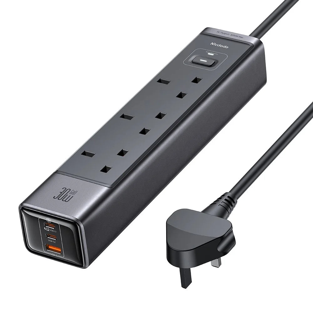 MCDODO CH-060 6-in-1 30W GaN Surge Protection Power Strip with 2 Type-C+USB - UK Plug / Black - 1
