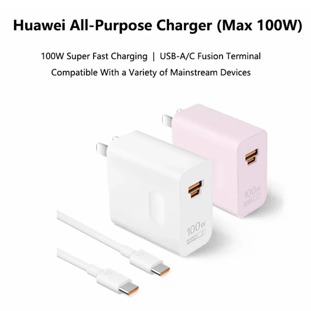 HUAWEI HW-200500C02 100W High Power Adapter USB-A + Type-C CN Plug Wall Charger with Cable (Chinese Version) - White - 3