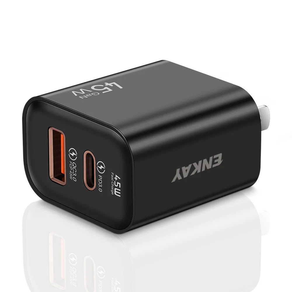ENKAY ENK-FC001 45W USB-A + Type-C Dual Port Wall Charger Power Adapter - Black - 1