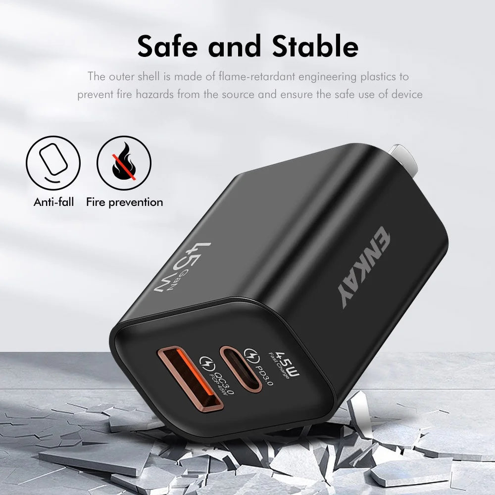ENKAY ENK-FC001 45W USB-A + Type-C Dual Port Wall Charger Power Adapter - Black - 4