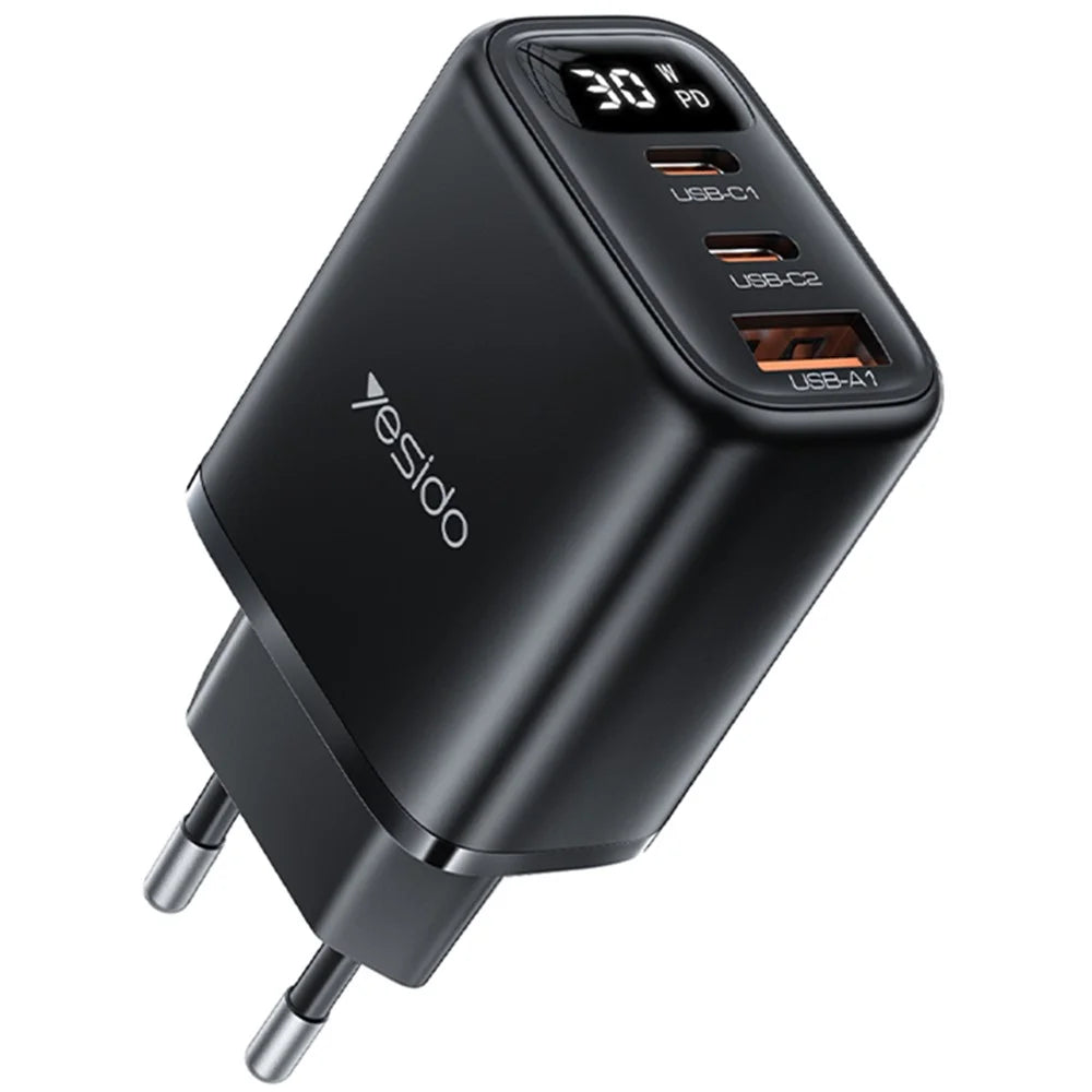 YESIDO YC69 Digital Display 30W Wall Charger 2 Type-C + 1 USB-A Phone Charging Adapter, EU Plug - 1