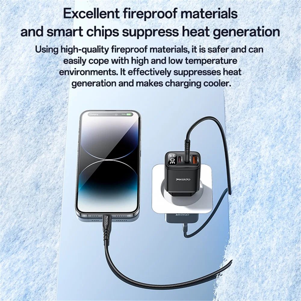 YESIDO YC69 Digital Display 30W Wall Charger 2 Type-C + 1 USB-A Phone Charging Adapter, EU Plug - 5