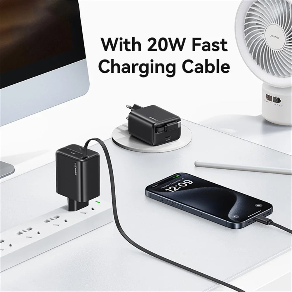 USAMS CC233 20W GaN Charger PD3.0+QC3.0 Fast Charging Adapter with Retractable Type-C Cable, EU Plug - Black - 3