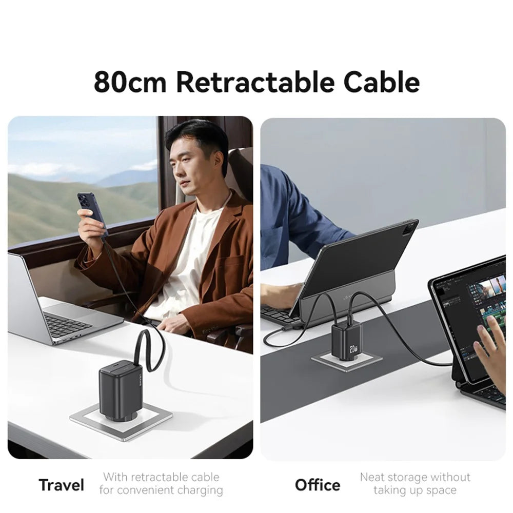 USAMS CC233 20W GaN Charger PD3.0+QC3.0 Fast Charging Adapter with Retractable Type-C Cable, EU Plug - Black - 4