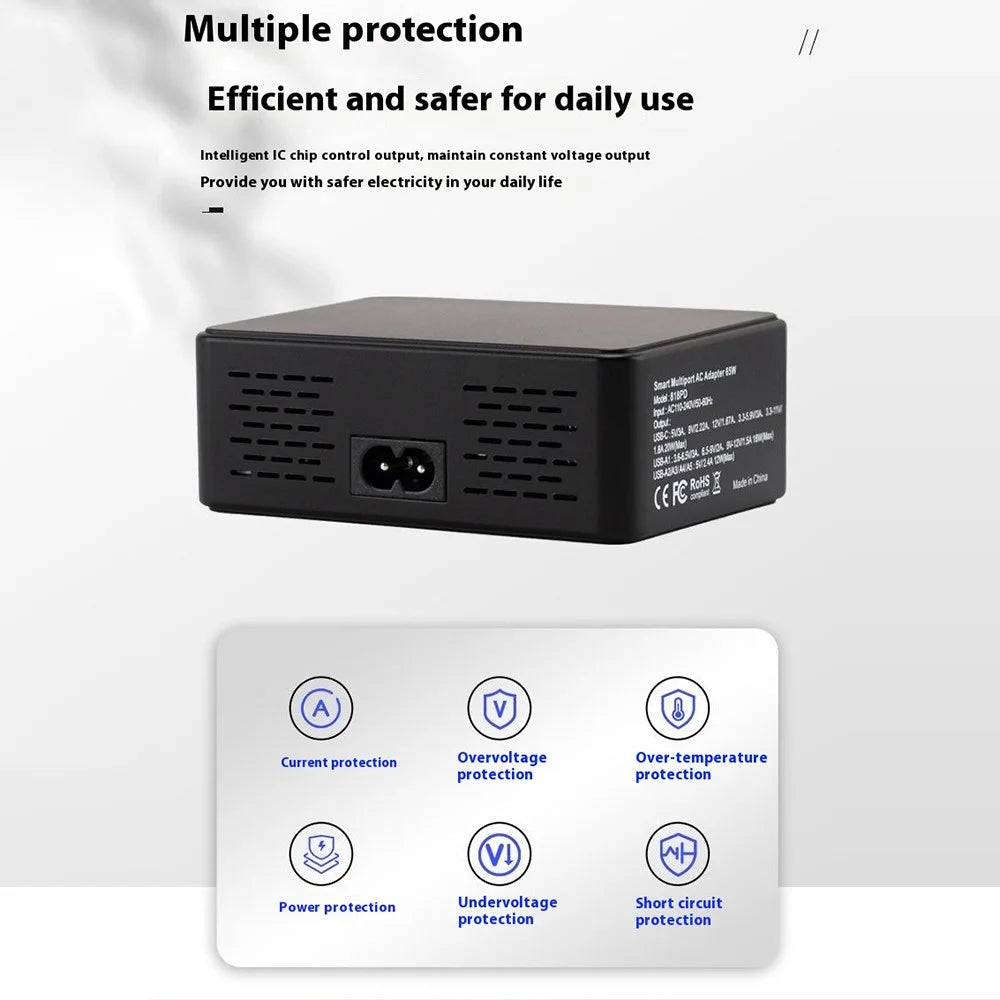 818PD QC3.0 PD 20W Fast Charging Station 5 USB + 1 Type-C Phone Tablet Desktop Charger - Black / EU Plug - 6