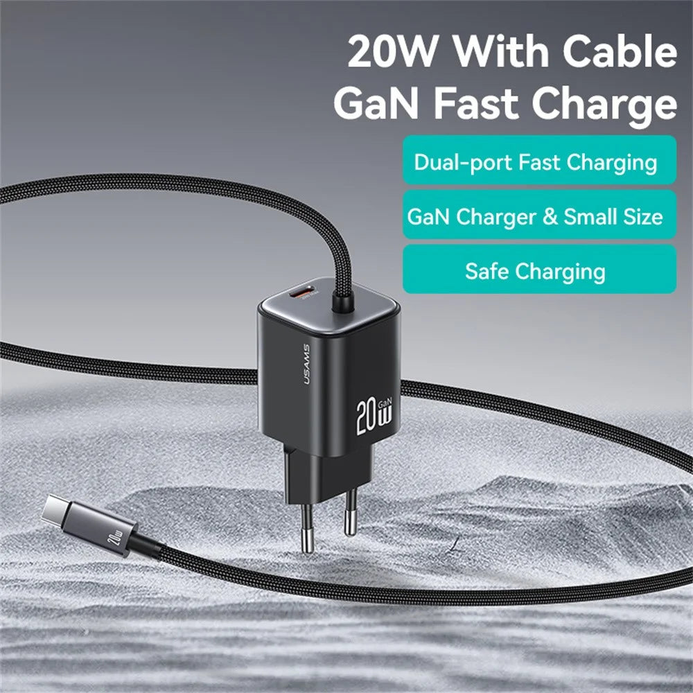 USAMS CC261 GaN Fast Charger Block 20W Dual Port Wall Charger with Type-C Cable, EU Plug - Black - 3