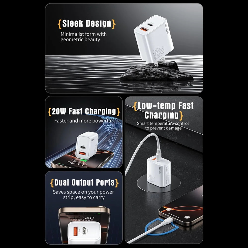 WEKOME WP-U60 20W Wall Charger Dual Port USB-A / Type-C Fast Charger for Smartphones / Tablets (US Plug) - 3