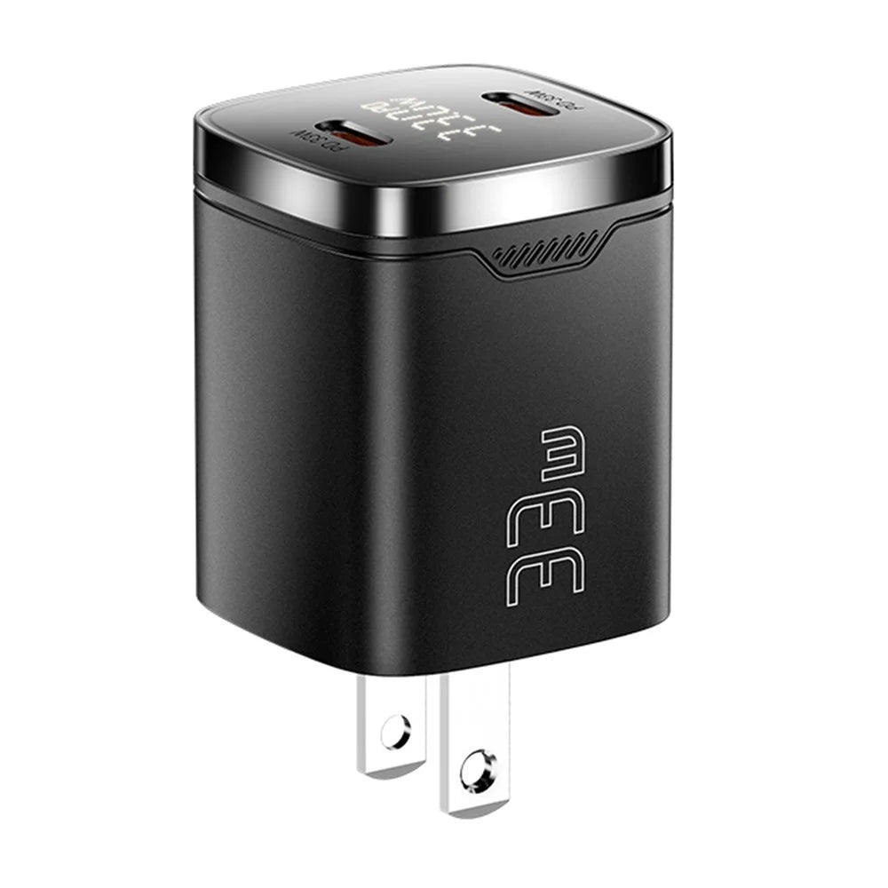 ESSAGER PD 33W GaN Dual Type-C Travel Charger with LED Display Fast Charging Compact Power Adapter - US Plug / Black - 1
