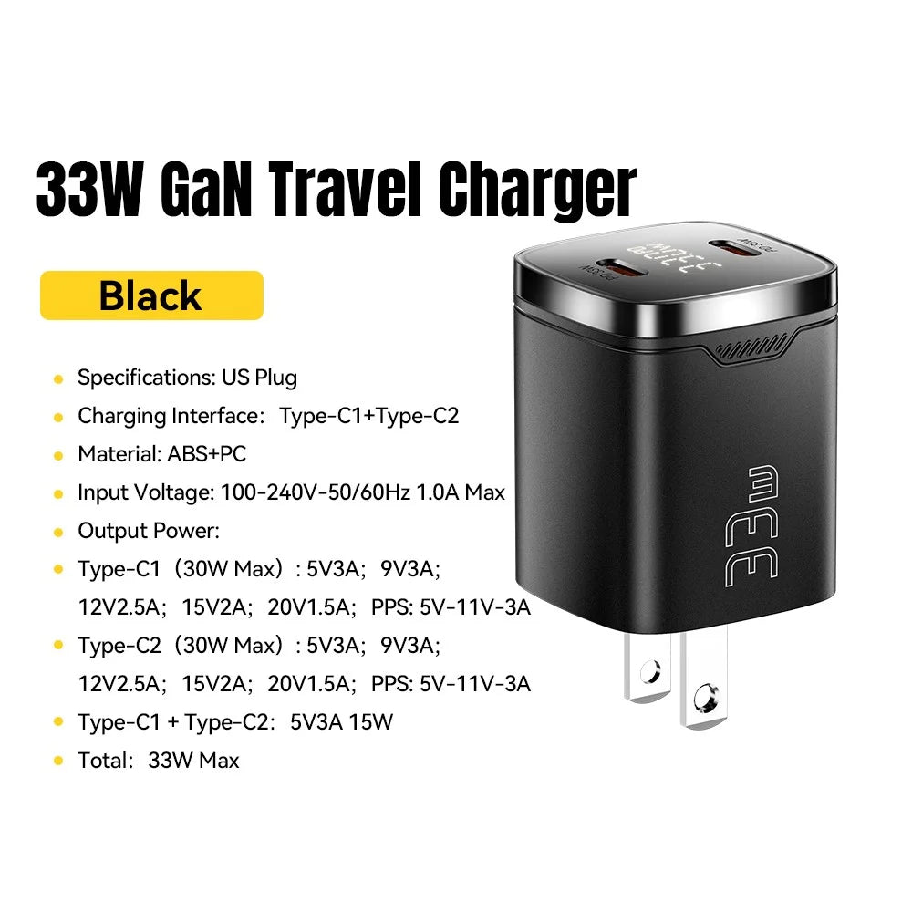 ESSAGER PD 33W GaN Dual Type-C Travel Charger with LED Display Fast Charging Compact Power Adapter - US Plug / Black - 2