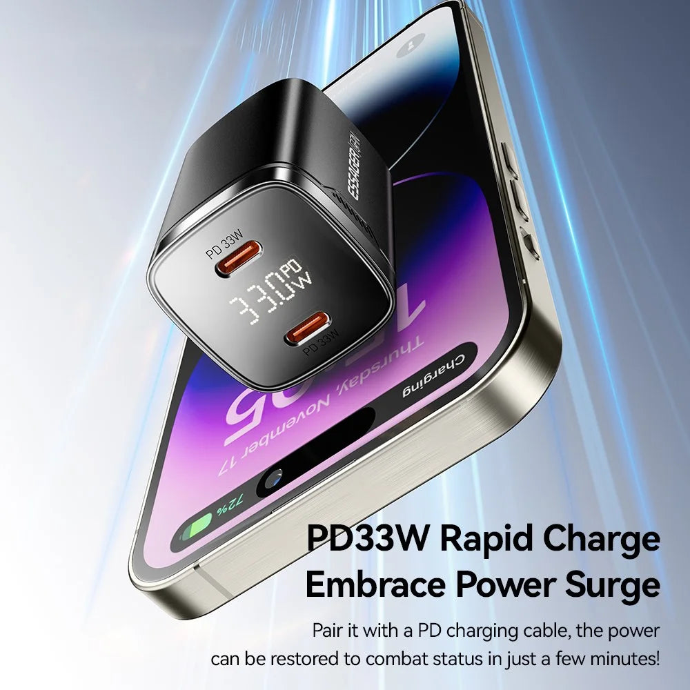 ESSAGER PD 33W GaN Dual Type-C Travel Charger with LED Display Fast Charging Compact Power Adapter - US Plug / Black - 3