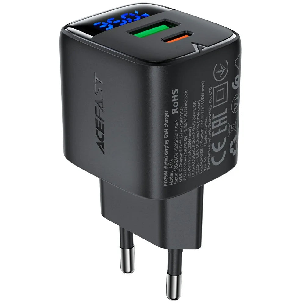 ACEFAST A116 For Multiple Devices PD 35W GaN Charger Dual Port USB C and A LED Display Quick Charging Adapter - EU Plug - 1