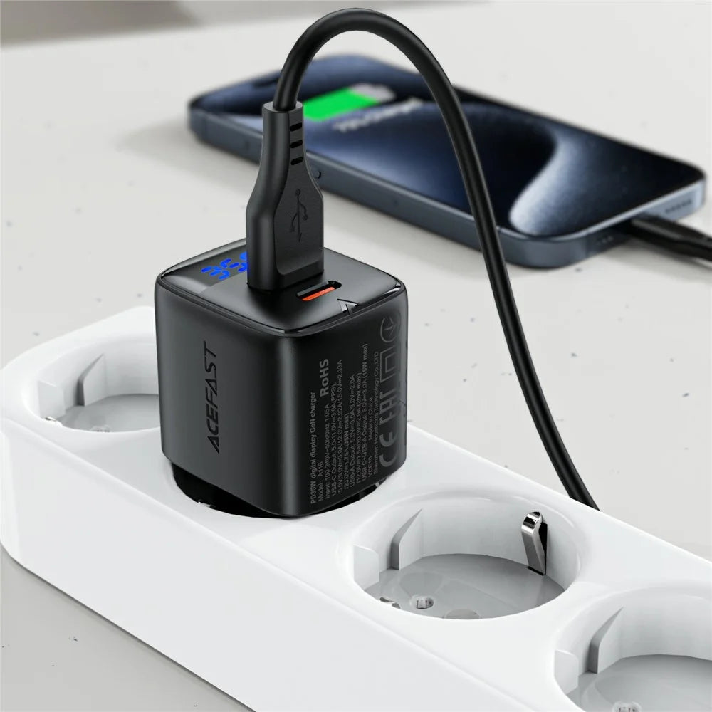 ACEFAST A116 For Multiple Devices PD 35W GaN Charger Dual Port USB C and A LED Display Quick Charging Adapter - EU Plug - 5