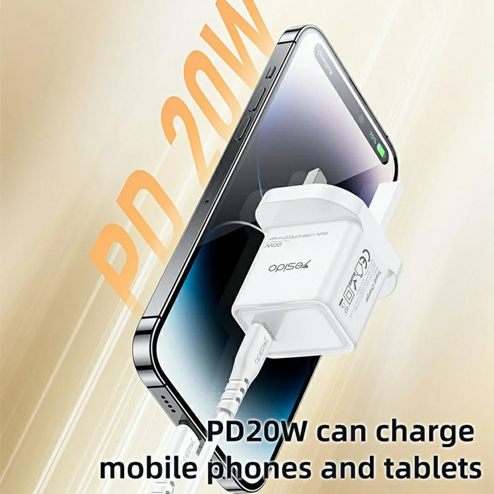 YESIDO YC79 Single USB-C Port GaN Charger PD 20W Fast Charging Wall Charger, UK Plug for Smartphone / Tablet - 3