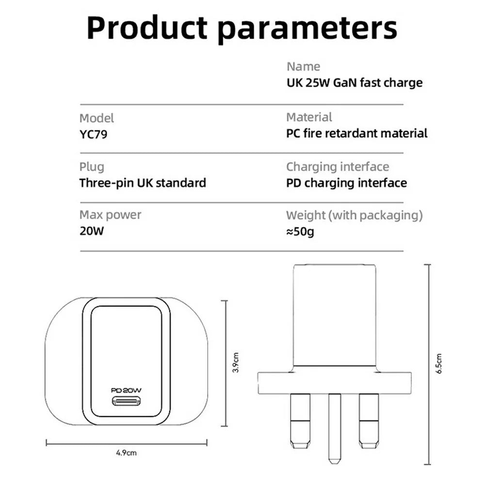 YESIDO YC79 Single USB-C Port GaN Charger PD 20W Fast Charging Wall Charger, UK Plug for Smartphone / Tablet - 6