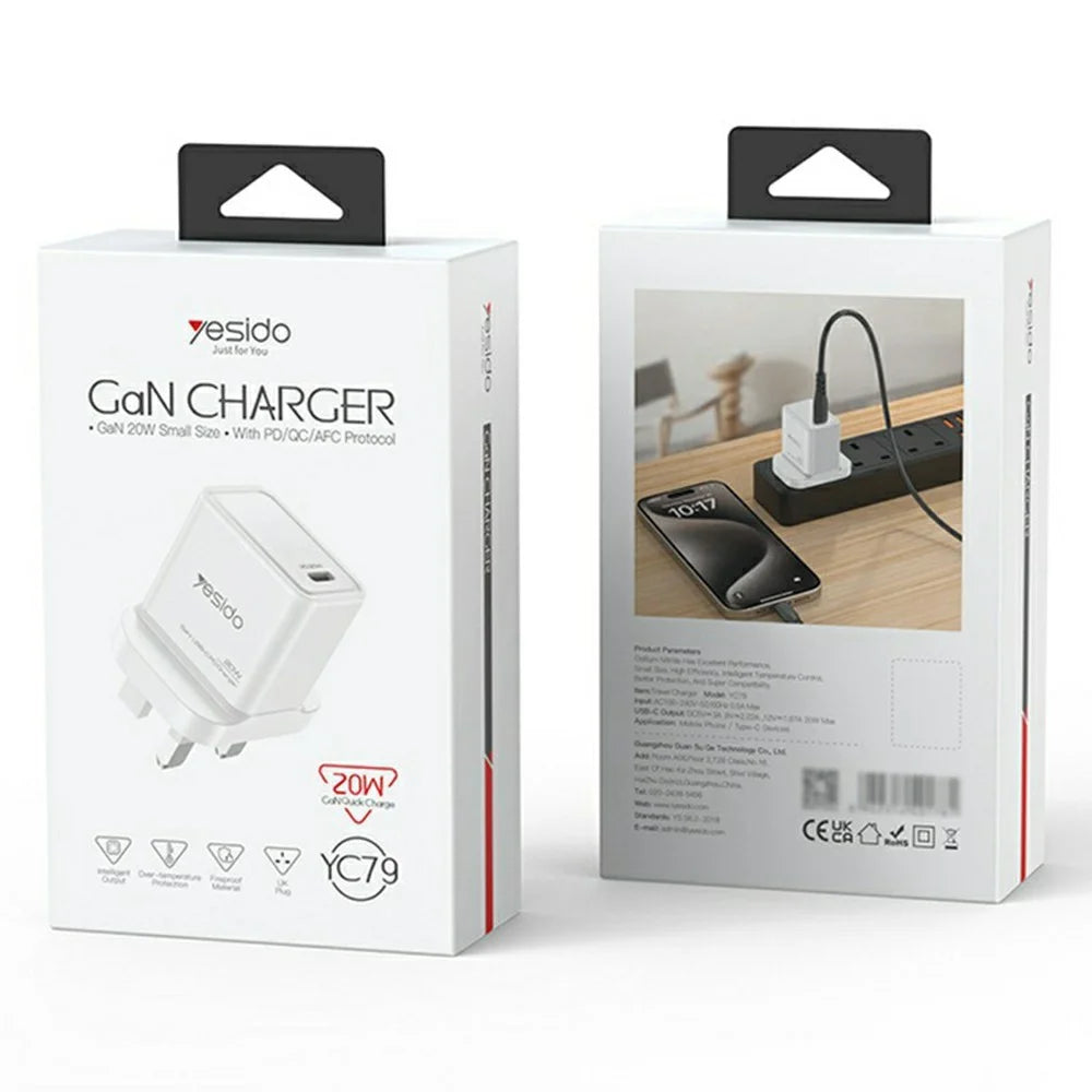 YESIDO YC79 Single USB-C Port GaN Charger PD 20W Fast Charging Wall Charger, UK Plug for Smartphone / Tablet - 7