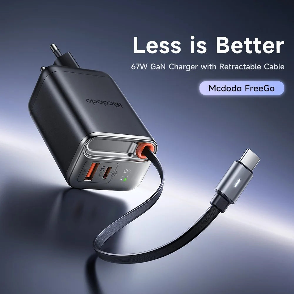 MCDODO CH-4100 GaN Fast Charger 67W USB-C / USB-A Power Adapter with Retractable Cable for Multiple Devices - EU Plug - 2