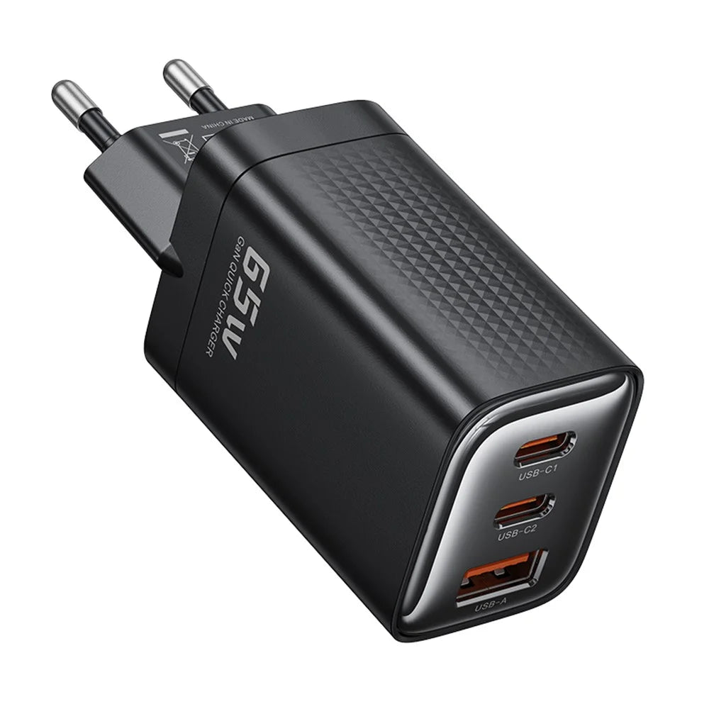 TOOCKI TCT65 65W Wall Charger 2C1A Fast Charging Multi Port USB C Power Adapter - Black / EU Plug - 1
