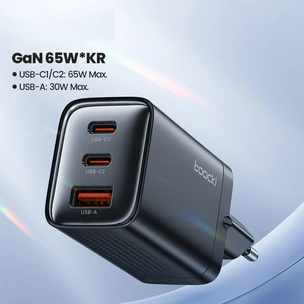 TOOCKI TCT65 65W Wall Charger 2C1A Fast Charging Multi Port USB C Power Adapter - Black / EU Plug - 2