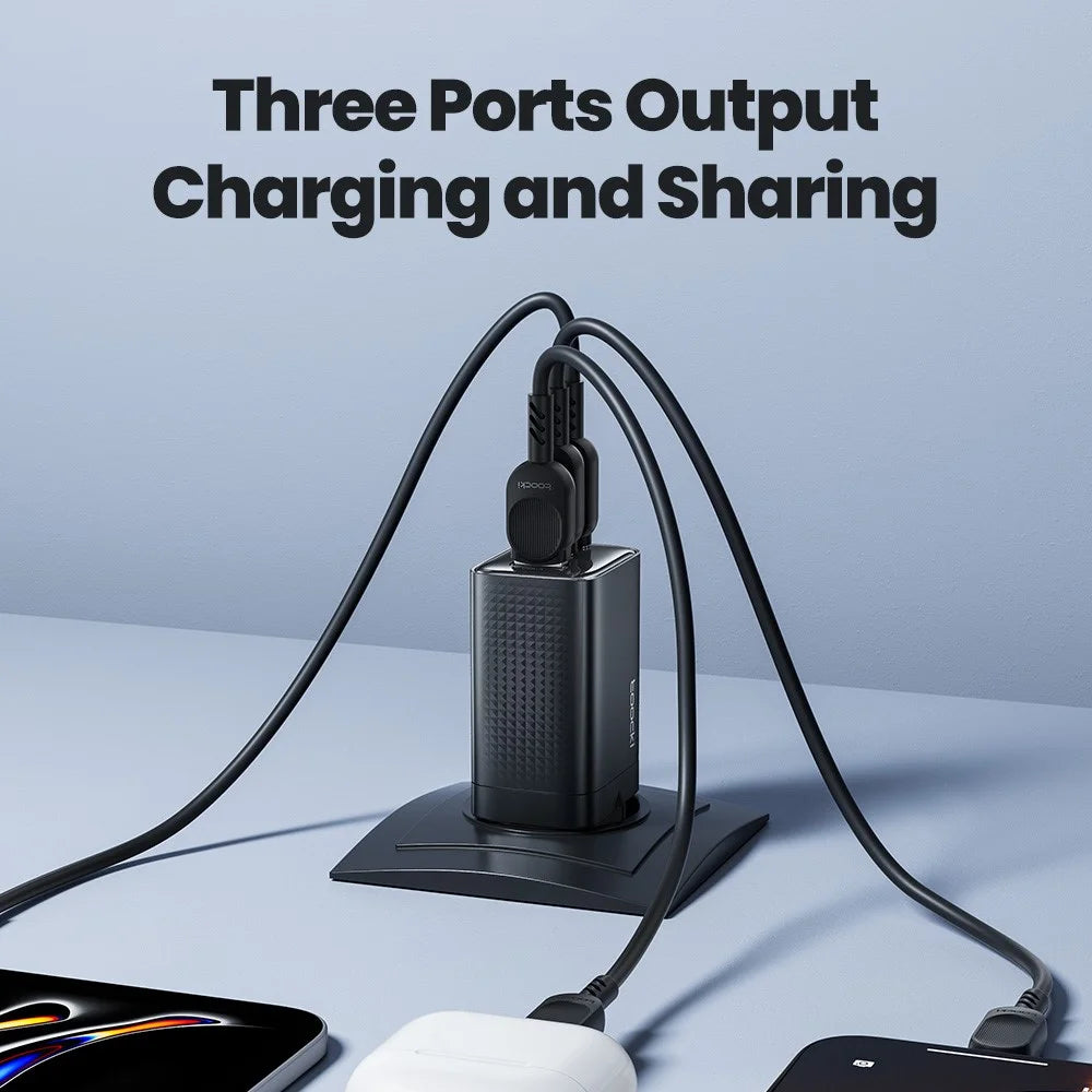 TOOCKI TCT65 65W Wall Charger 2C1A Fast Charging Multi Port USB C Power Adapter - Black / EU Plug - 3