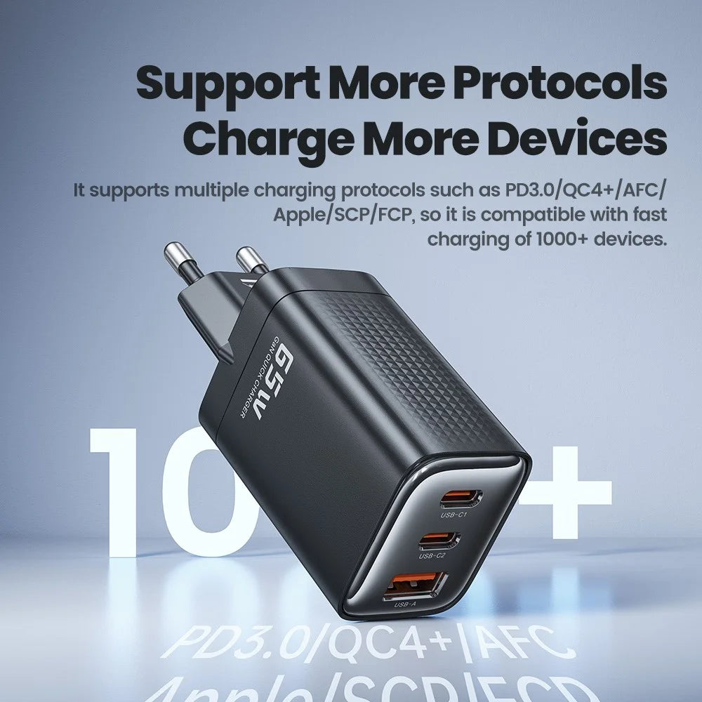 TOOCKI TCT65 65W Wall Charger 2C1A Fast Charging Multi Port USB C Power Adapter - Black / EU Plug - 7