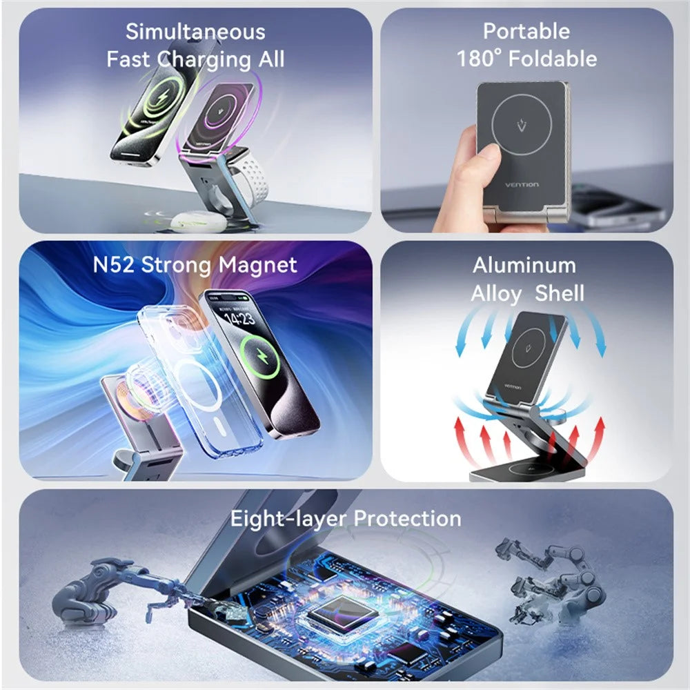 VENTION FGF Series 3 in 1 15W Fast Charger for Mobile Phone / Watch / Earphones Magnetic Wireless Charging Stand - 4