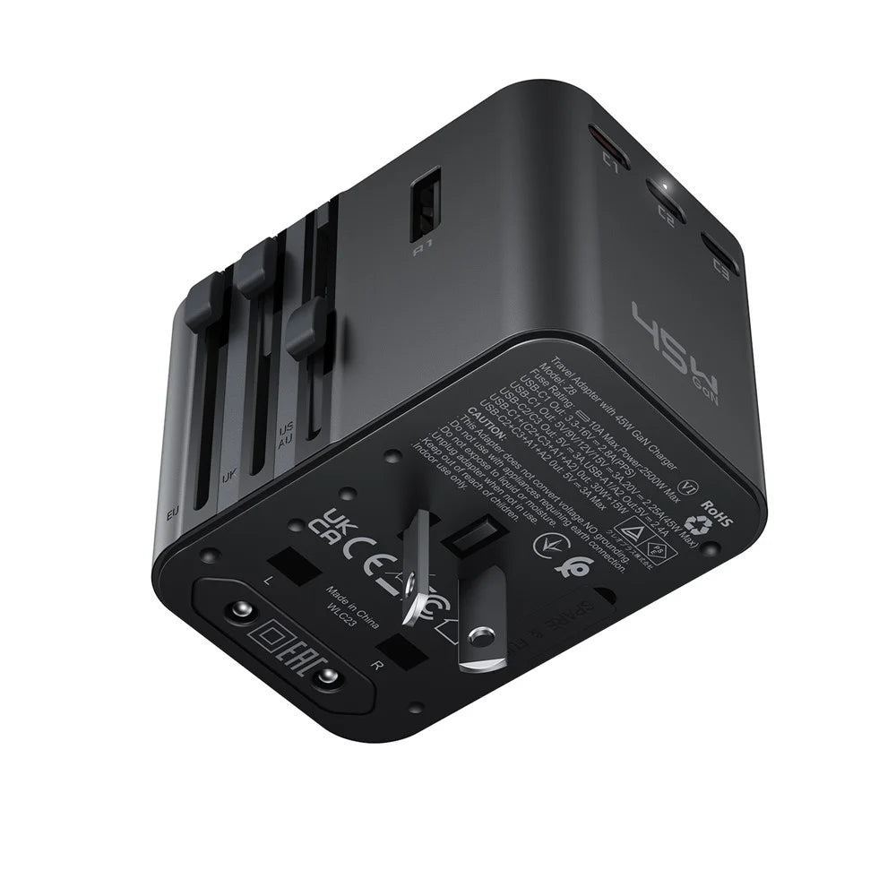 ACEFAST Z8 PD 45W GaN Charger 3 USB-C + 2 USB-A Multifunctional International Travel Adapter - 5