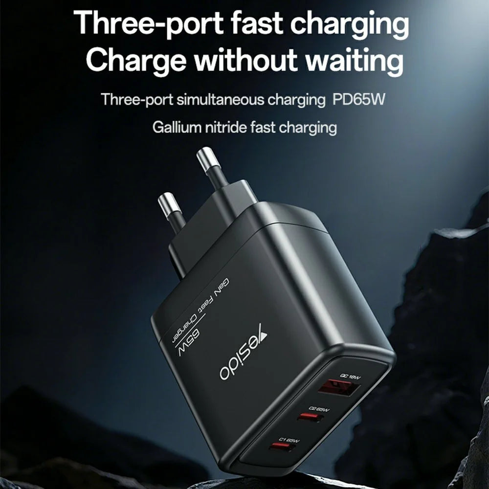 YESIDO YC144C EU Plug 65W GaN Charger 2 USB C + 1 USB A Fast Charging Adapter Multi-Protocol Compatible, with 1.2m Type C Cable - 2