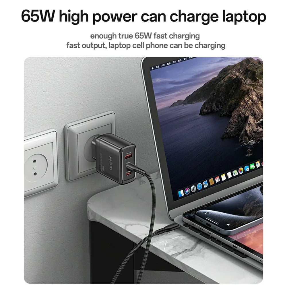 YESIDO YC144C EU Plug 65W GaN Charger 2 USB C + 1 USB A Fast Charging Adapter Multi-Protocol Compatible, with 1.2m Type C Cable - 5