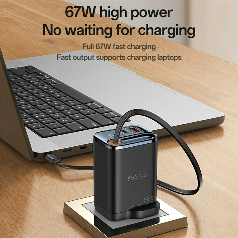 YESIDO YC146 UK Plug 67W GaN Charger with Retractable Type C Cable Digital Display Fast Charging Adapter - 2