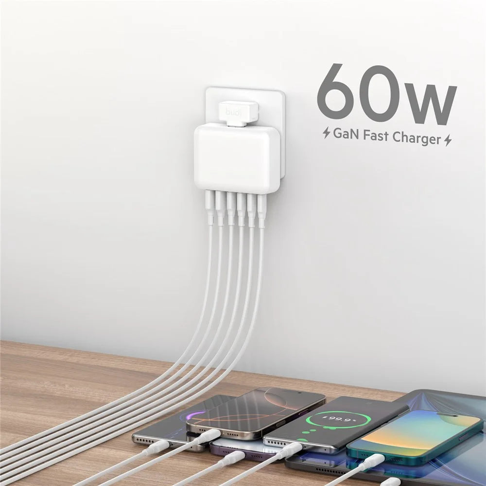 BUDI AC318EW 60W 6 Port Fast Charger 2 USB-A + 4 Type-C Travel Adapter Fast Charging with 1.5m Cable, EU Plug - 6