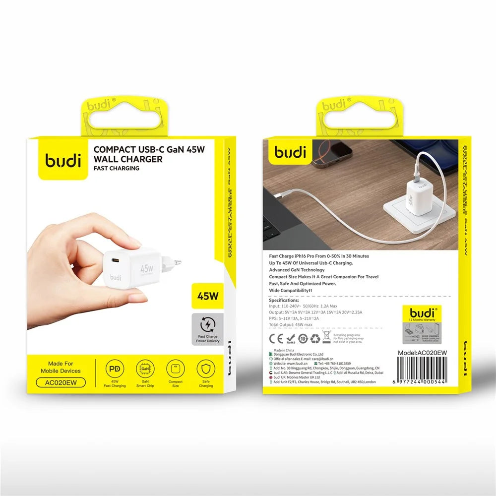 BUDI AC020EW 45W Charger Adapter Single USB-C Port GaN Fast Charging Wall Charger Compact Design, EU Plug - 7
