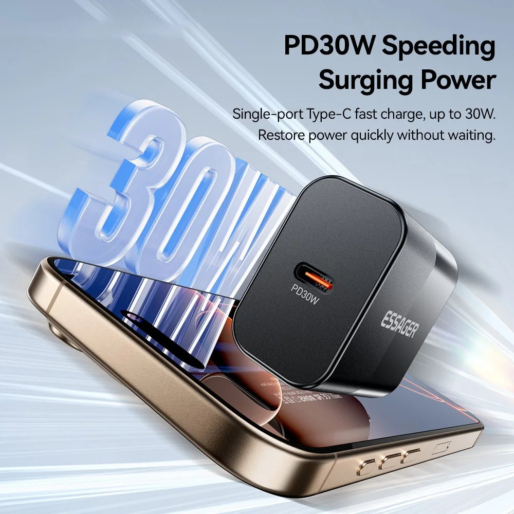 ESSAGER ABS PD 30W Wall Charger USB-C Fast Charging Mobile Phone Adapter Safe Efficient Charger - Black / US Plug - 4